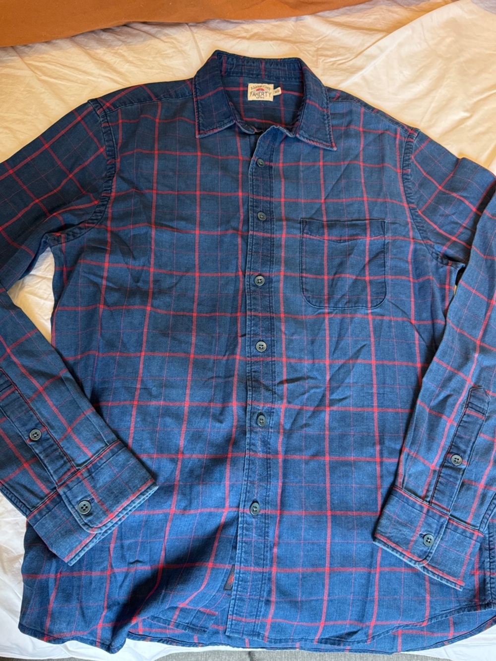 Faherty Blue Shirt with Red Windowpane Plaid